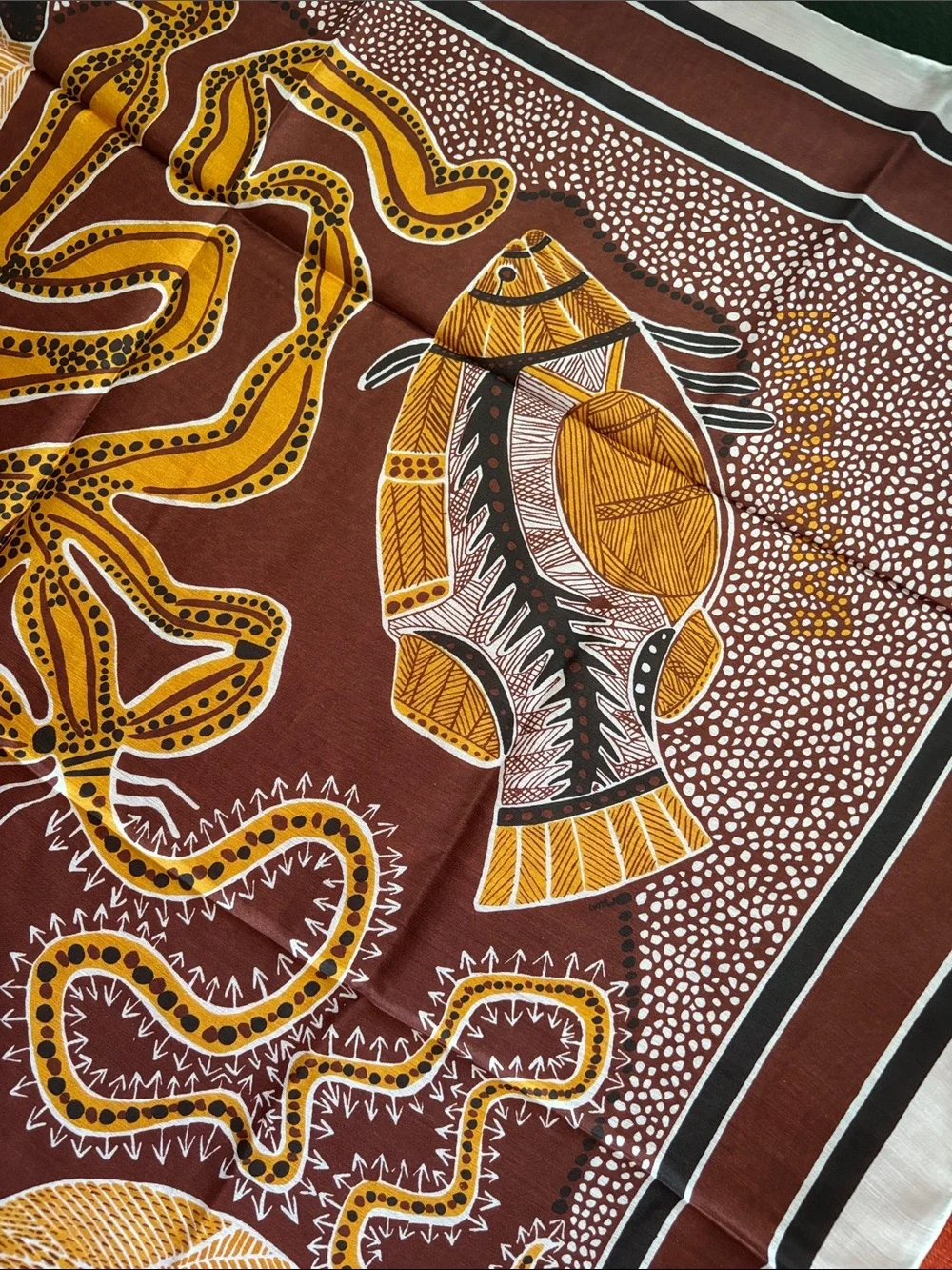 DREAMTIME Silk Scarf in Brown & Mustard
